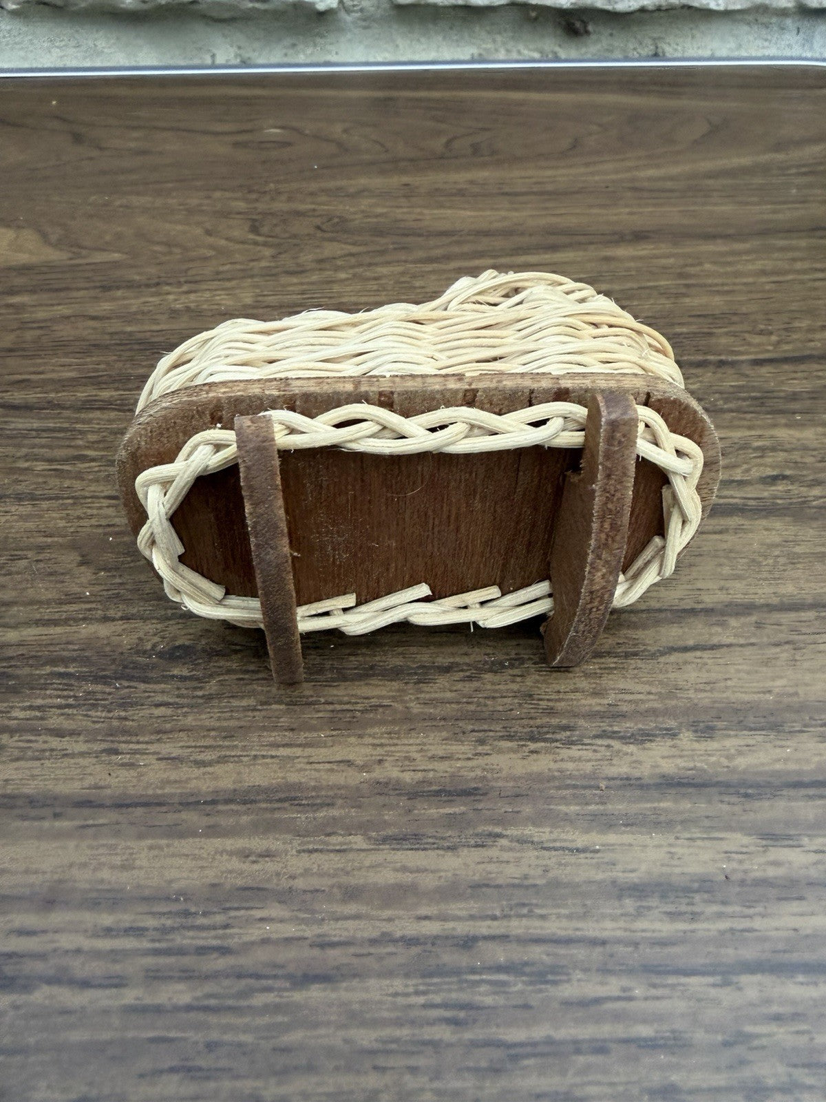 Vintage Wicker Wood Dollhouse Rocking Cradle Bed Bassinet Miniature Furniture