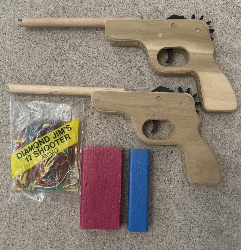 Handmade Wooden Rubber Band Guns Lot 2 Diamond Jims Ammo Target Blocks Toy Set