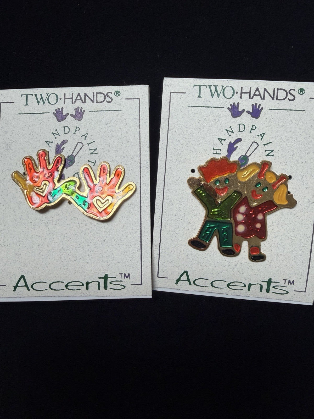 Vintage Enamel Lapel Pins Lot Two Hands Accents All Children Are Special Pin Set