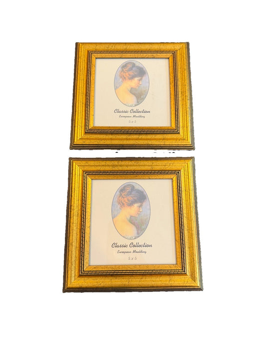 Classic Collection Gold Picture Frames Set 2 Square 7x7 European Moulding NEW