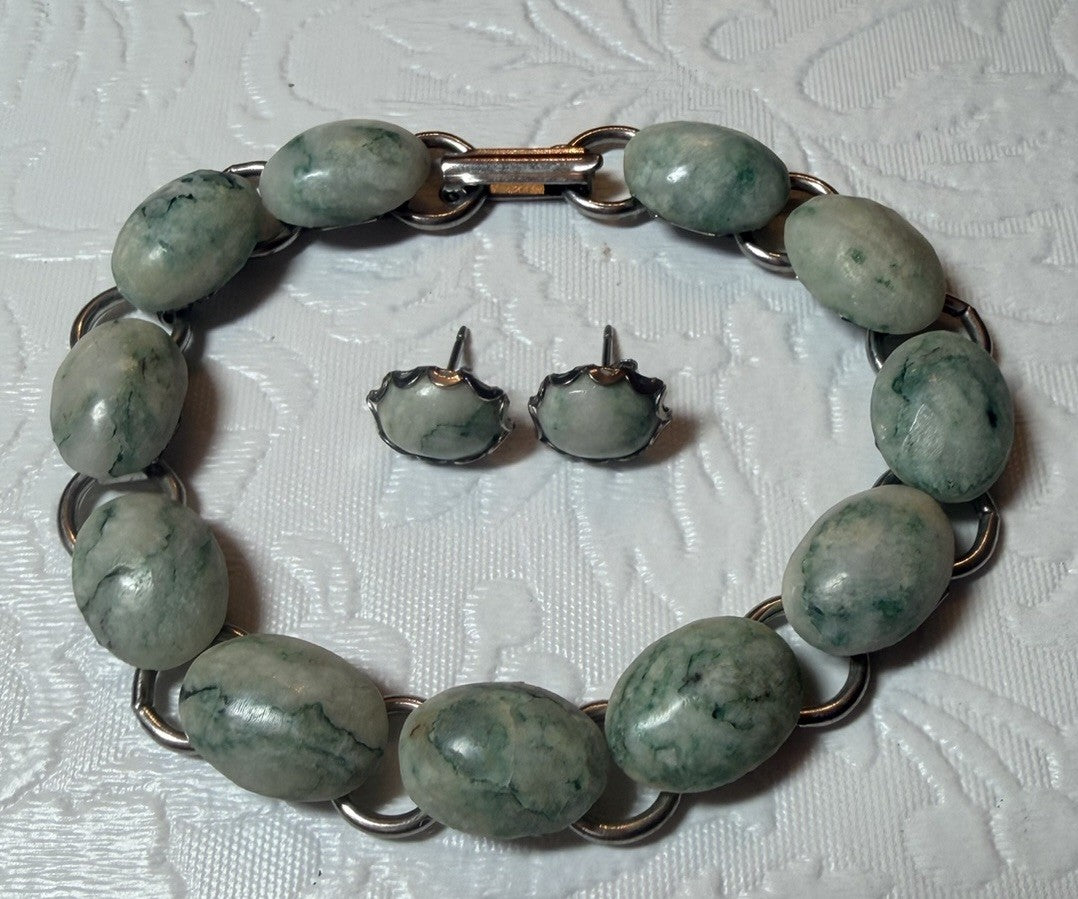 Vintage Jade Green Stone Link Bracelet & Earring Set Silver Tone 7" Pierced Stud
