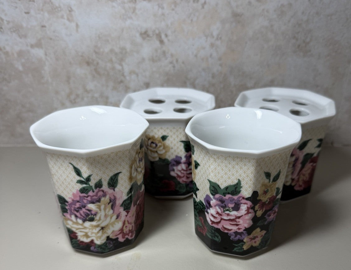 Vintage Springs Chatham Floral Ceramic Tumblers Toothbrush Holders Set of 4