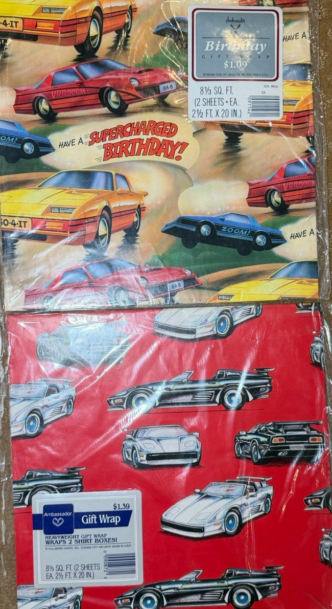 Vintage 1980s Gift Wrap Lot Marvel 1984 Tonka Sports Cars 6 Sealed Packs