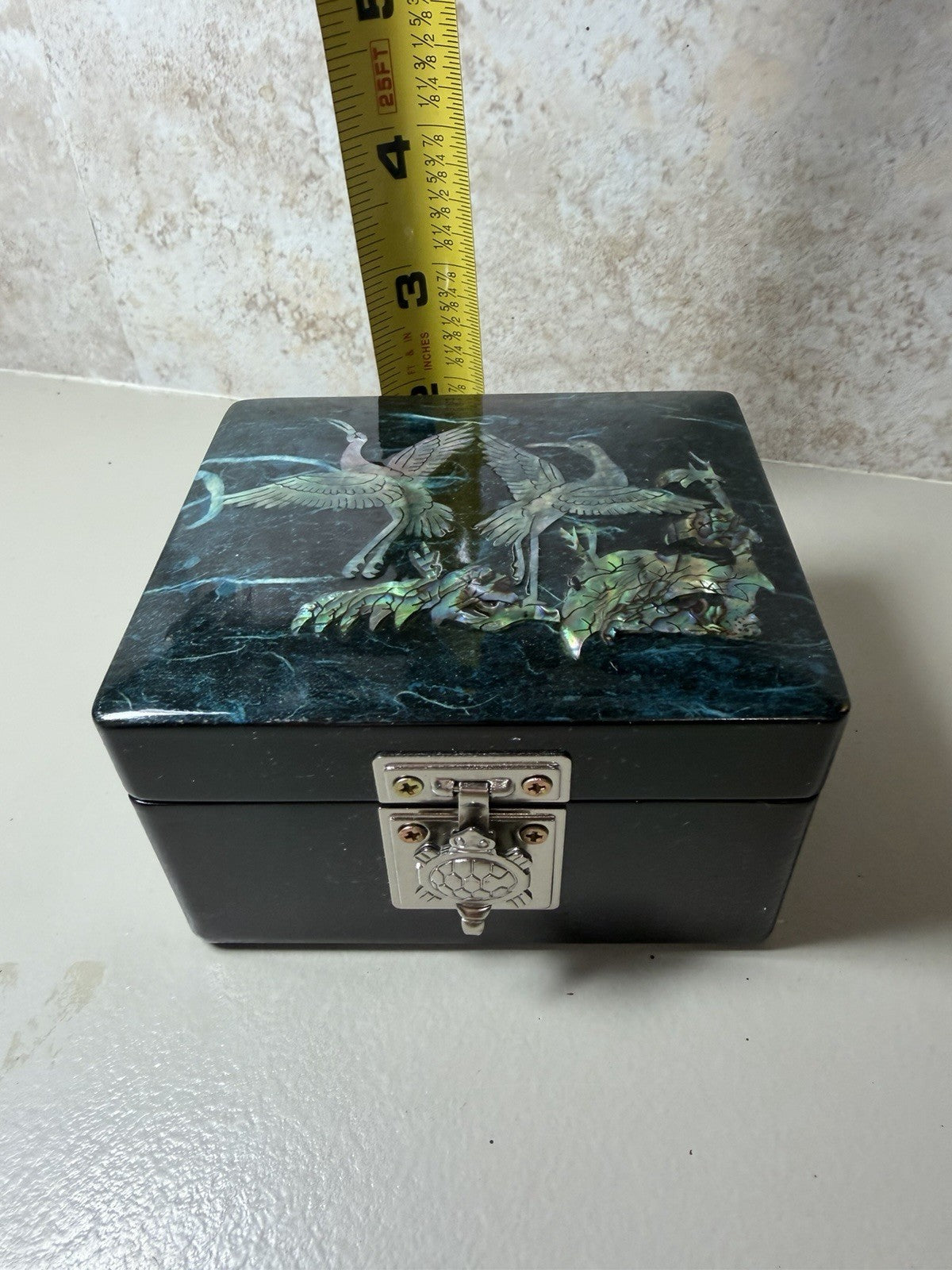 Vintage Korean Mother of Pearl Inlaid Lacquer Jewelry Box Red Velvet Mirror Case