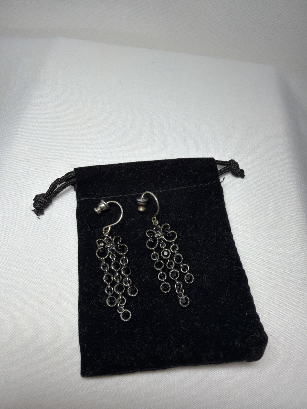 Vintage Monet Dangle Earrings Silver Tone Black Rhinestone Drop 5"