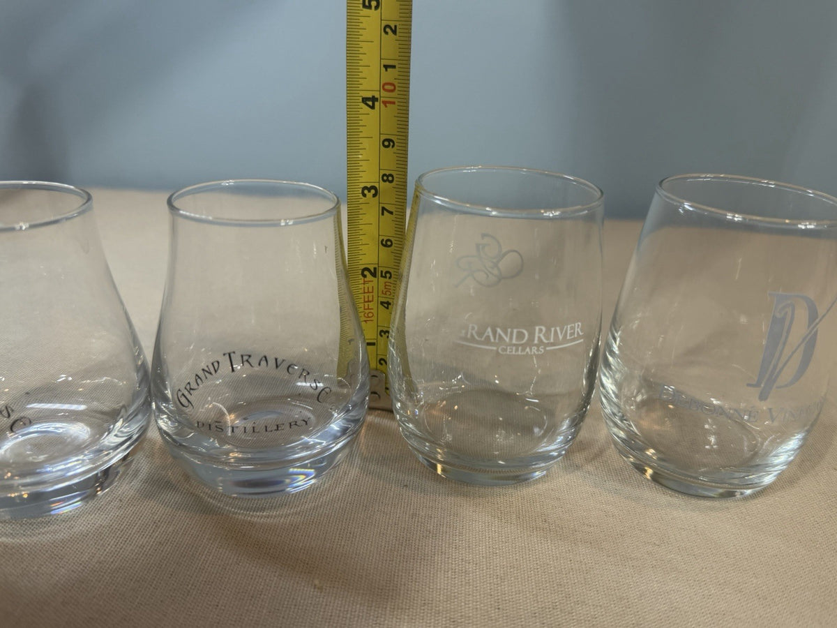 Grand Traverse Debonne GRV Etched Stemless Wine Glasses Lot 4 Tasting Tumblers
