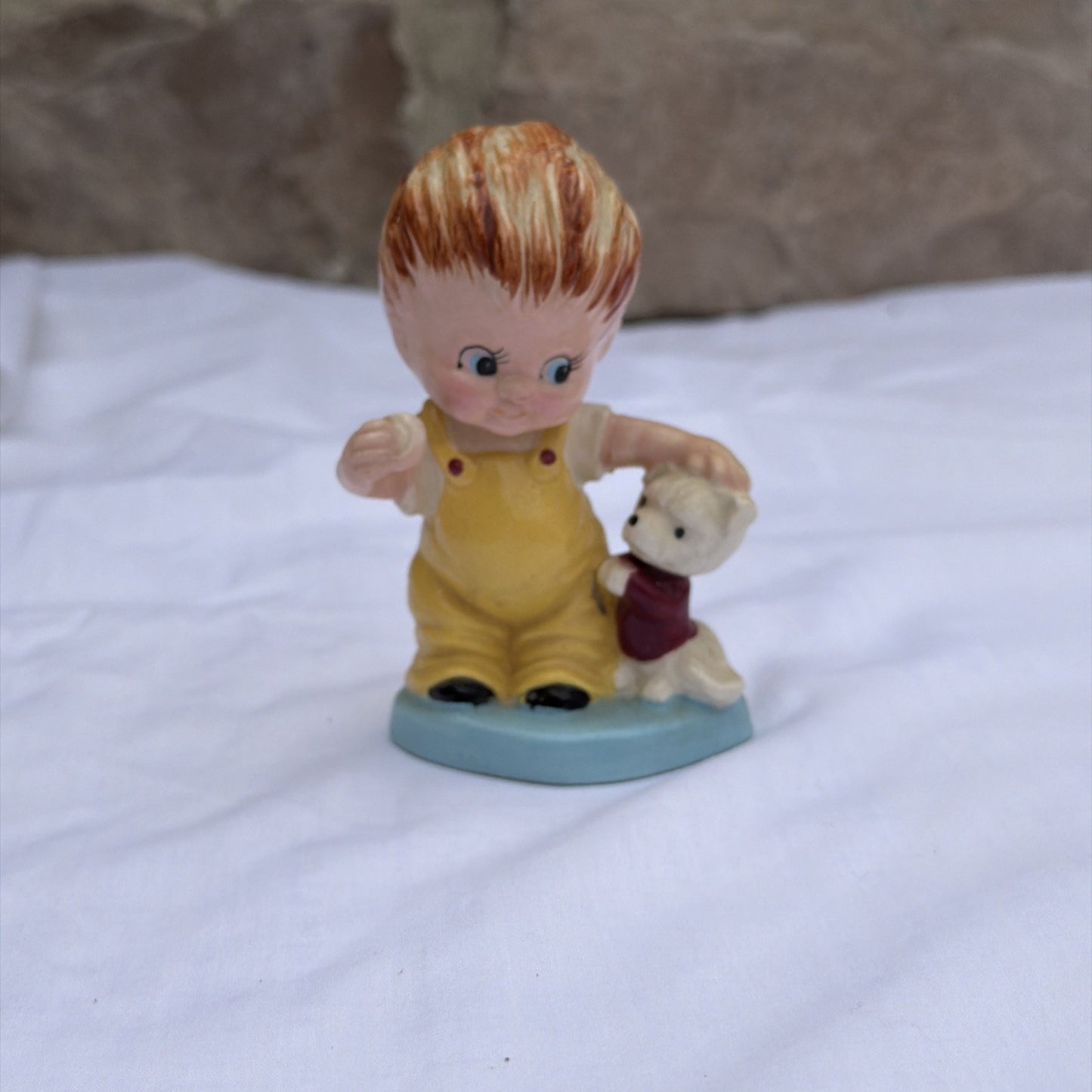 Vintage Porcelain Boy Figurine Puppy Yellow Overalls Dog Figure 4"x3"