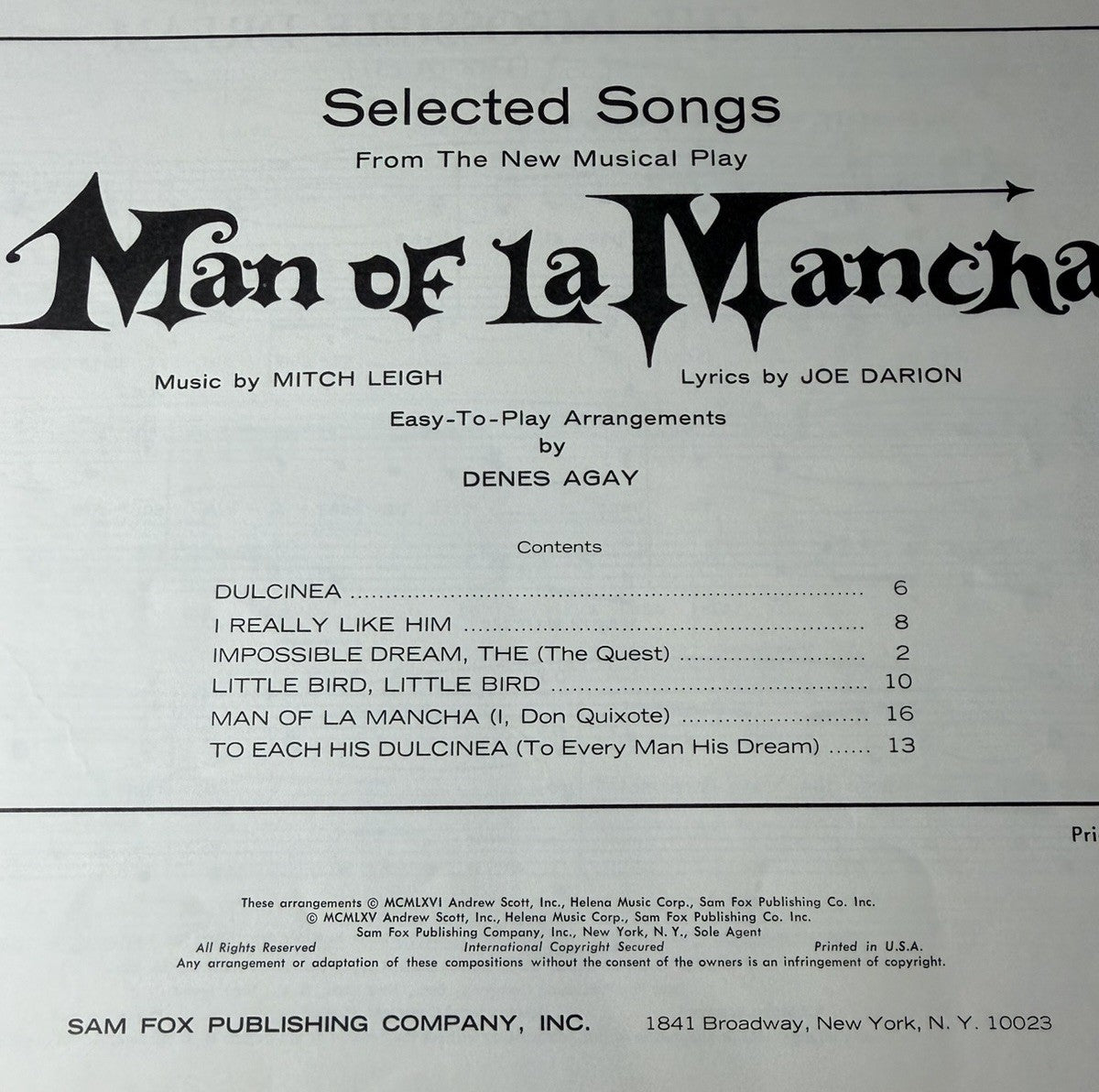 West Side Story Piano Arrangements 1960 Man Of La Mancha 1966