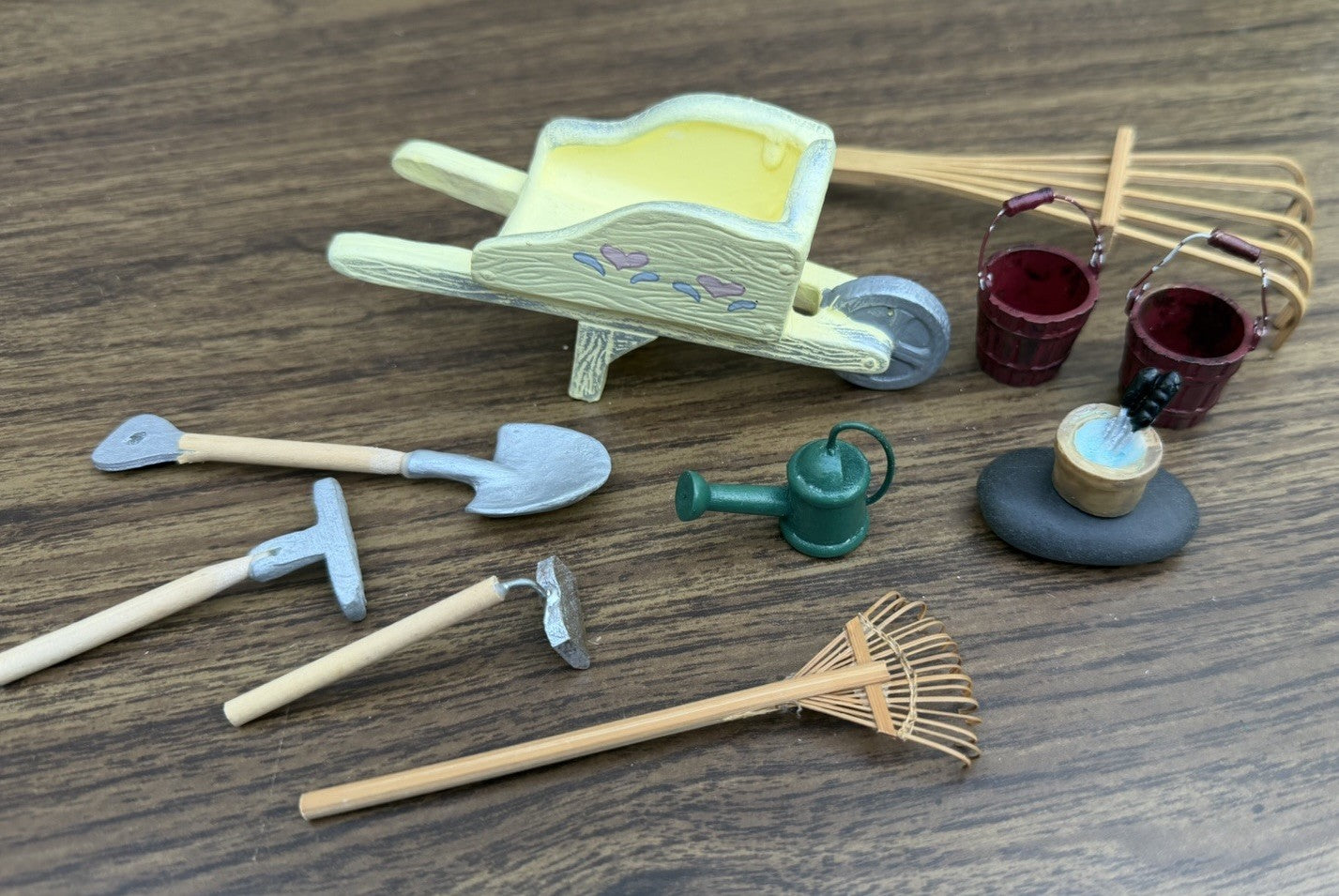 Vintage Dollhouse Miniature Garden Tools Wheelbarrow Rake Shovel 1 12 Scale