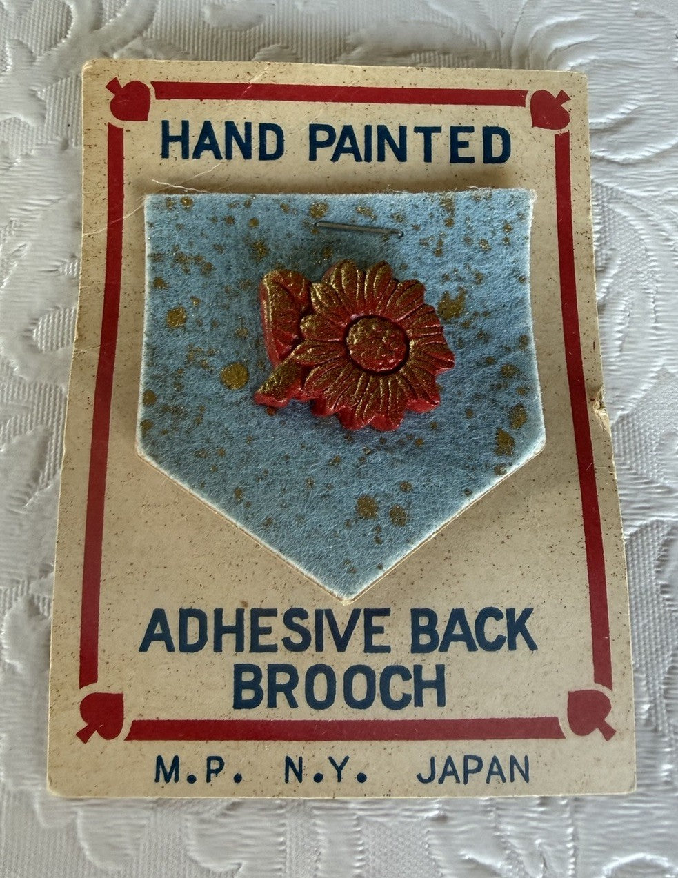 Vintage MP Japan Hand Painted Floral Adhesive Back Brooch NOS Original Card M.P.