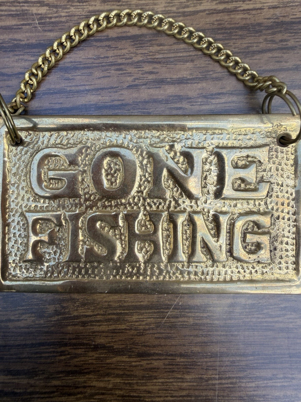 Vintage Brass Gone Fishing Out To Lunch Hanging Novelty Sign