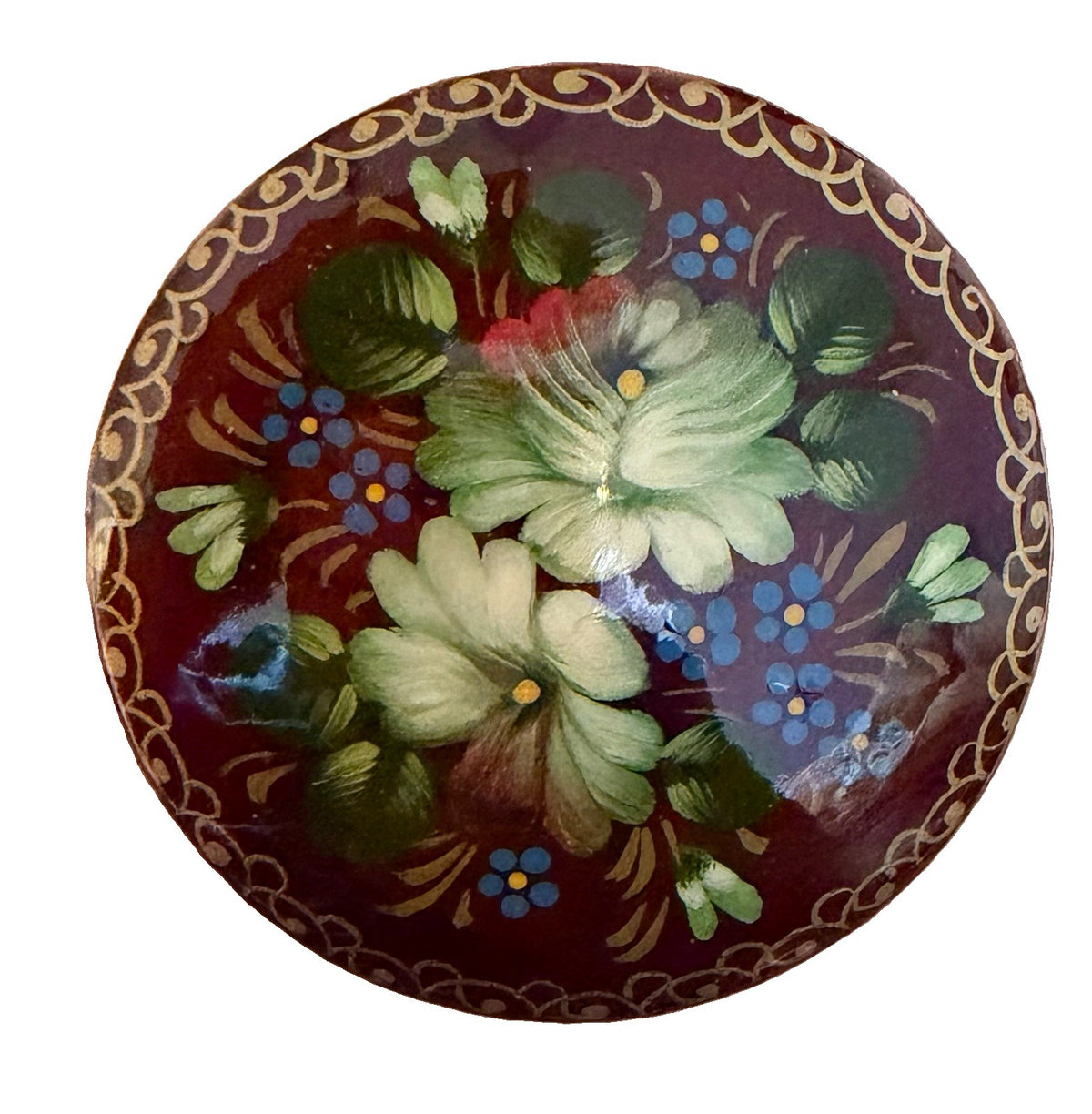 Vintage Russian Hand Painted Lacquer Floral Brooches Signed Boomerang Snake Pin