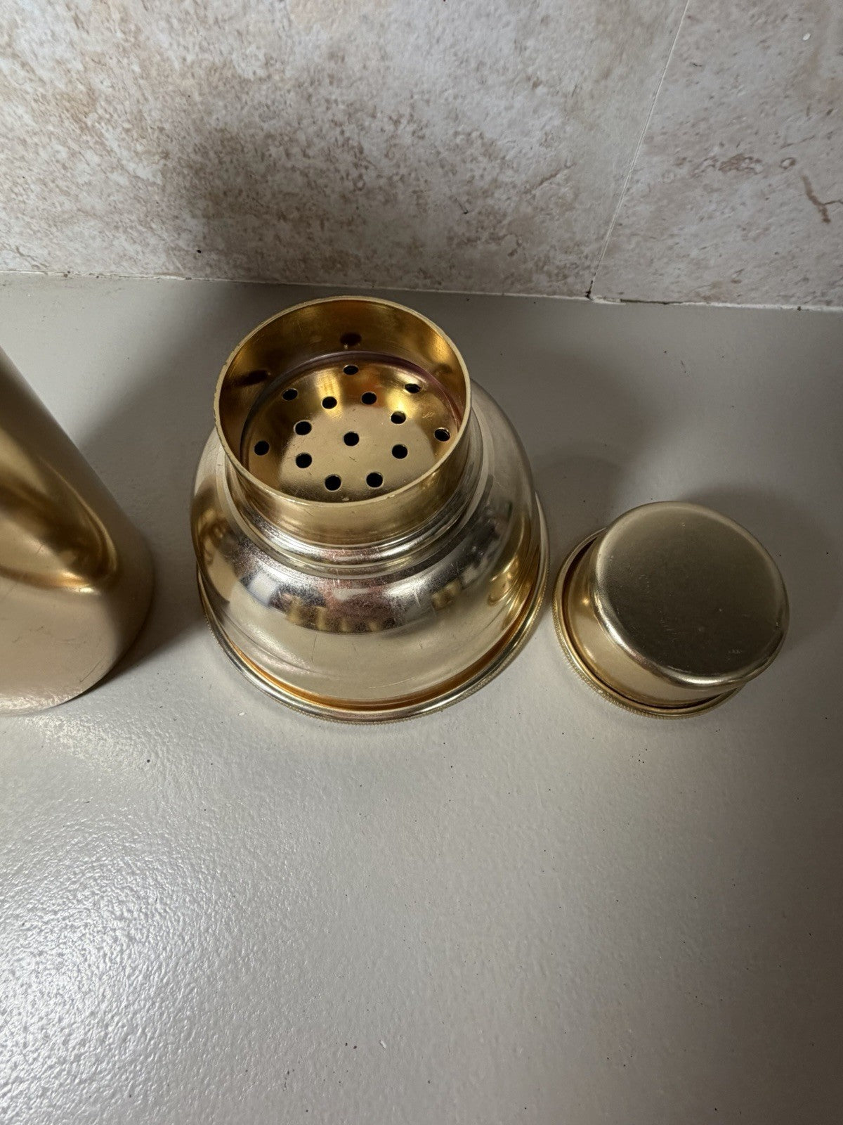 Vintage Italian Gold Tone Aluminum Barware Set Pitcher Shaker 6 Cups Made Italy