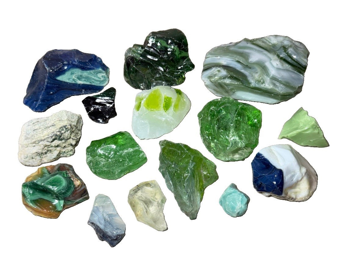 Raw Slag Glass Cullet Chunks Green Blue White Craft Stones Lot of 15 items
