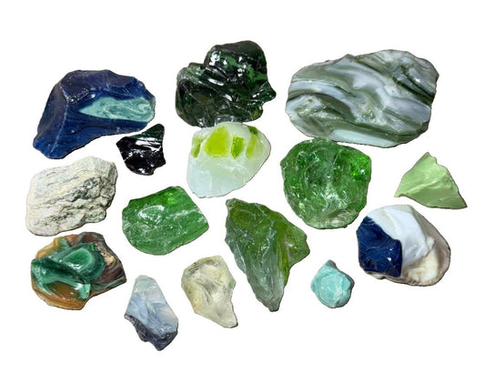 Raw Slag Glass Cullet Chunks Green Blue White Craft Stones Lot of 15 items