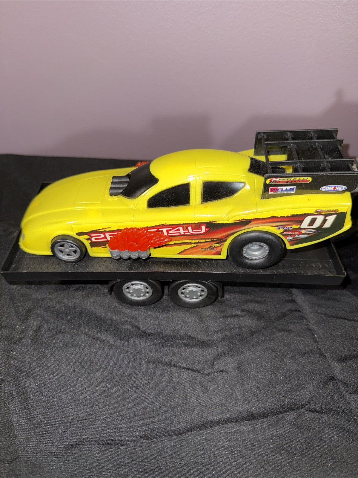 Vintage 2FAST4U Yellow Monster Truck Funny Car Trailer Combo Sounds WORKS