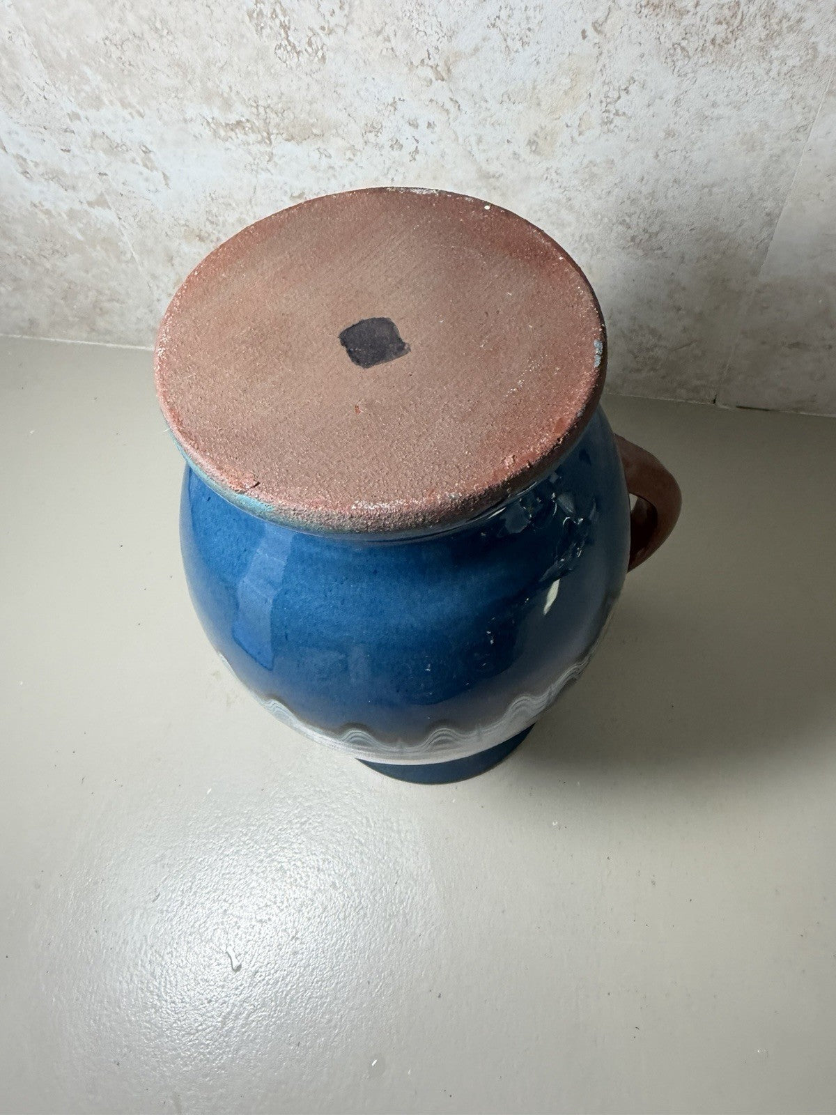 Vintage Mexican Folk Art Pottery Pitcher Salt Bowls Set Blue Brown Hand Painted