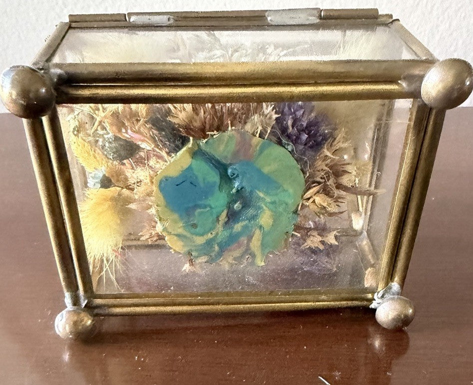 Vintage Brass Glass Display Box Hinged Lid Flower Preserve Trinket Jewelry Case