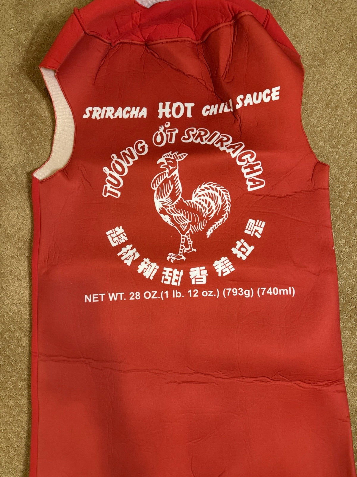 Brandai Sriracha Hot Sauce Costume Adult Red Tunic Green Hat Halloween Outfit