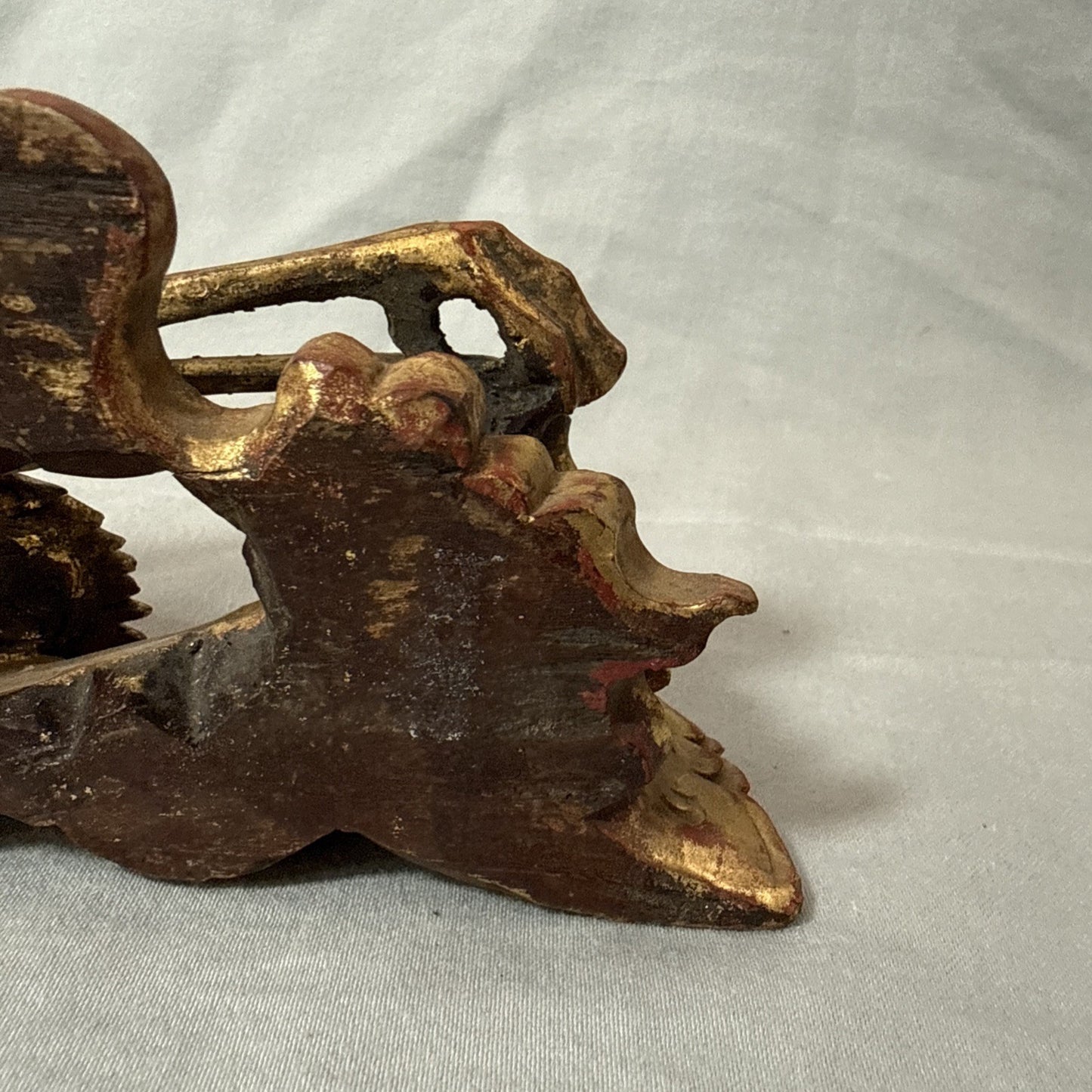 Antique Chinese Qing Dynasty Wood Temple  Red & Gilt Panel Dragon Fragment 7”x3”