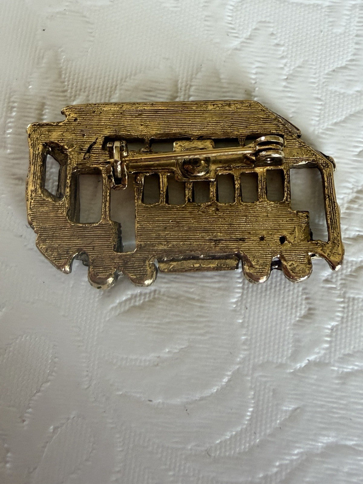 Vintage San Francisco Cable Car Brooch Gold Tone Blue Rhinestone Souvenir Pin