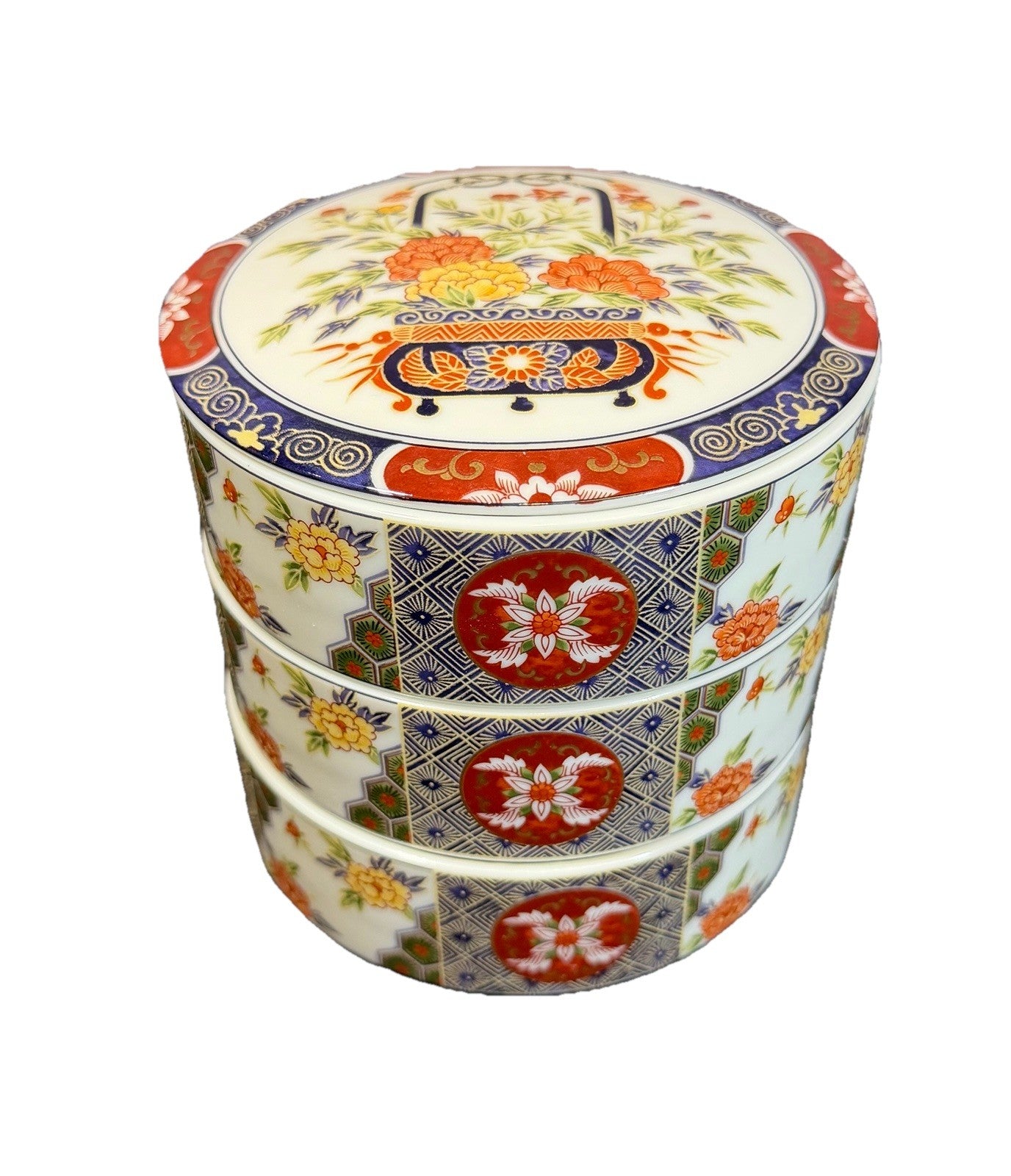 Vintage Toyo Ko Imari Japanese Porcelain 3 Tier Stacking Bowls & Lid