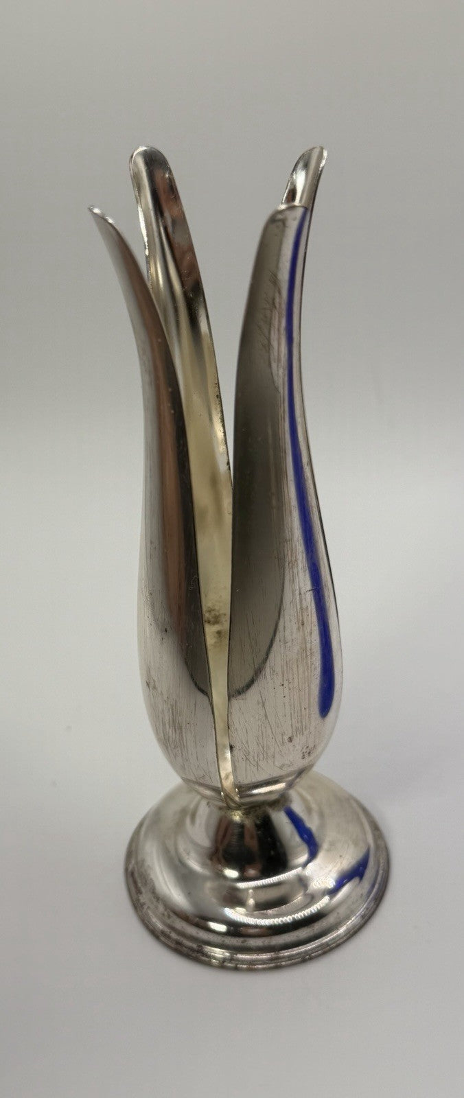 Vintage MCM Silver Plate Tulip Bud Vase Cobalt Blue Glass Insert 6 Inch