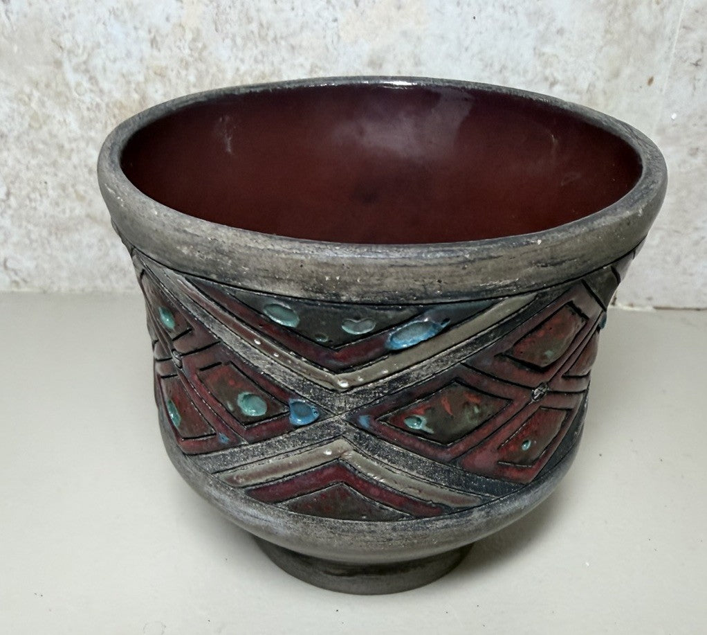 Vintage West German Art Pottery Bowl Fat Lava Style Geometric Relief Planter