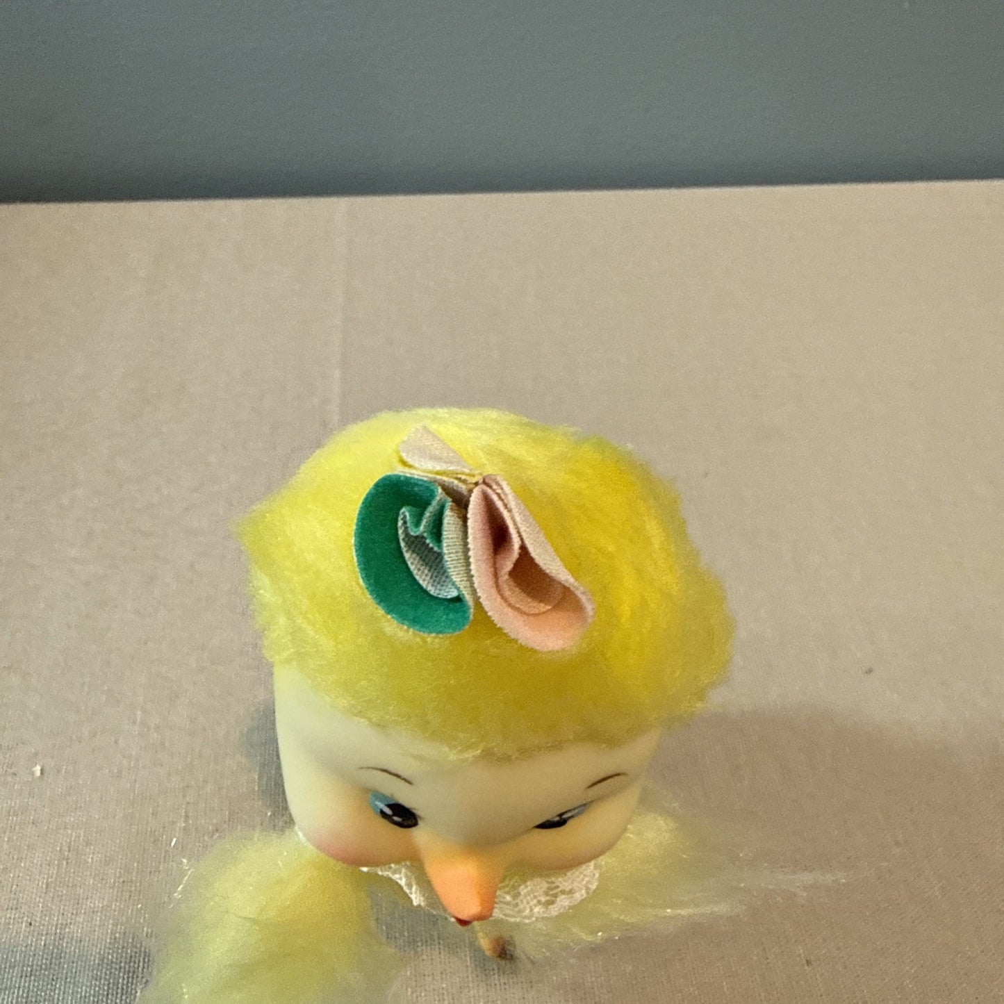 Vintage 1950s Daisy Chick Plush Rubber Face Easter Toy Flower Crown Japan