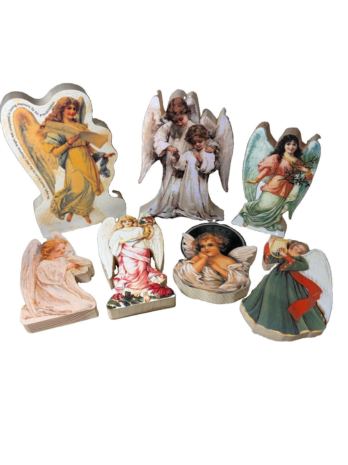 Handcrafted Wooden Angel Figurines Lot 7 Signed Folk Art Christmas Holiday Decor