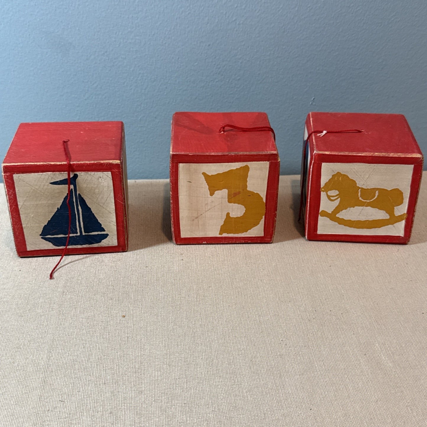 Vintage Wooden Alphabet Animal Christmas Ornaments Set of 3 Blocks 3"x3"