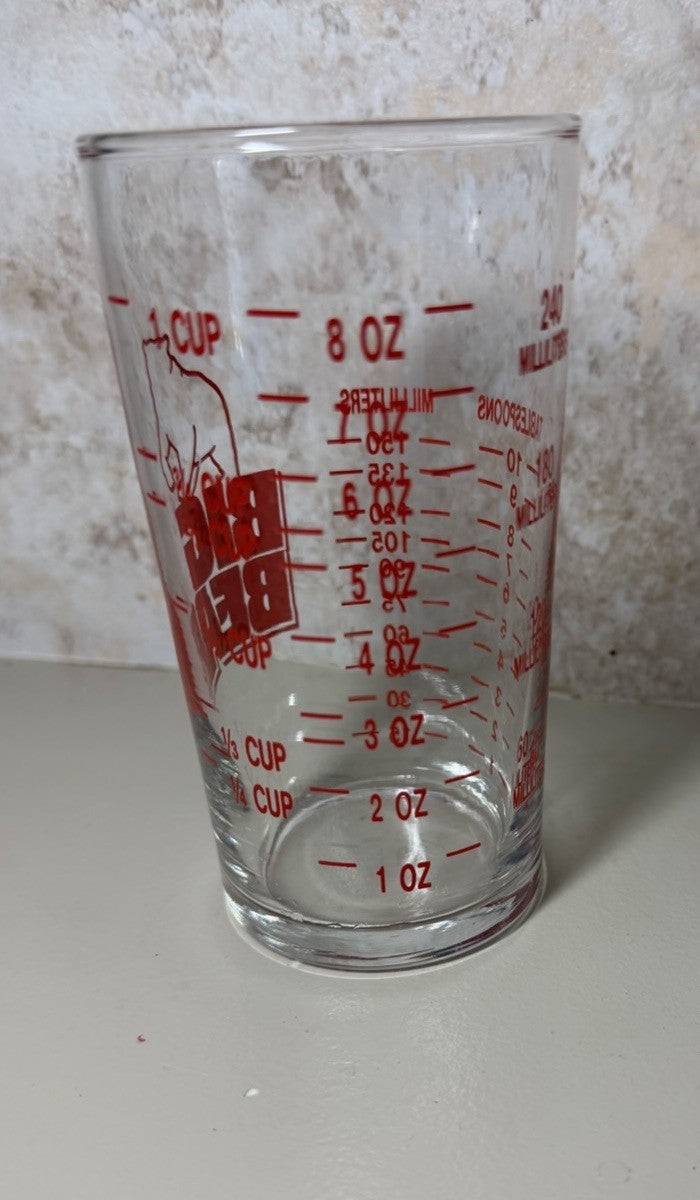 Vintage Big Bear Super Markets Glass Measuring Cup Bar Cocktail Mixer Advertisin