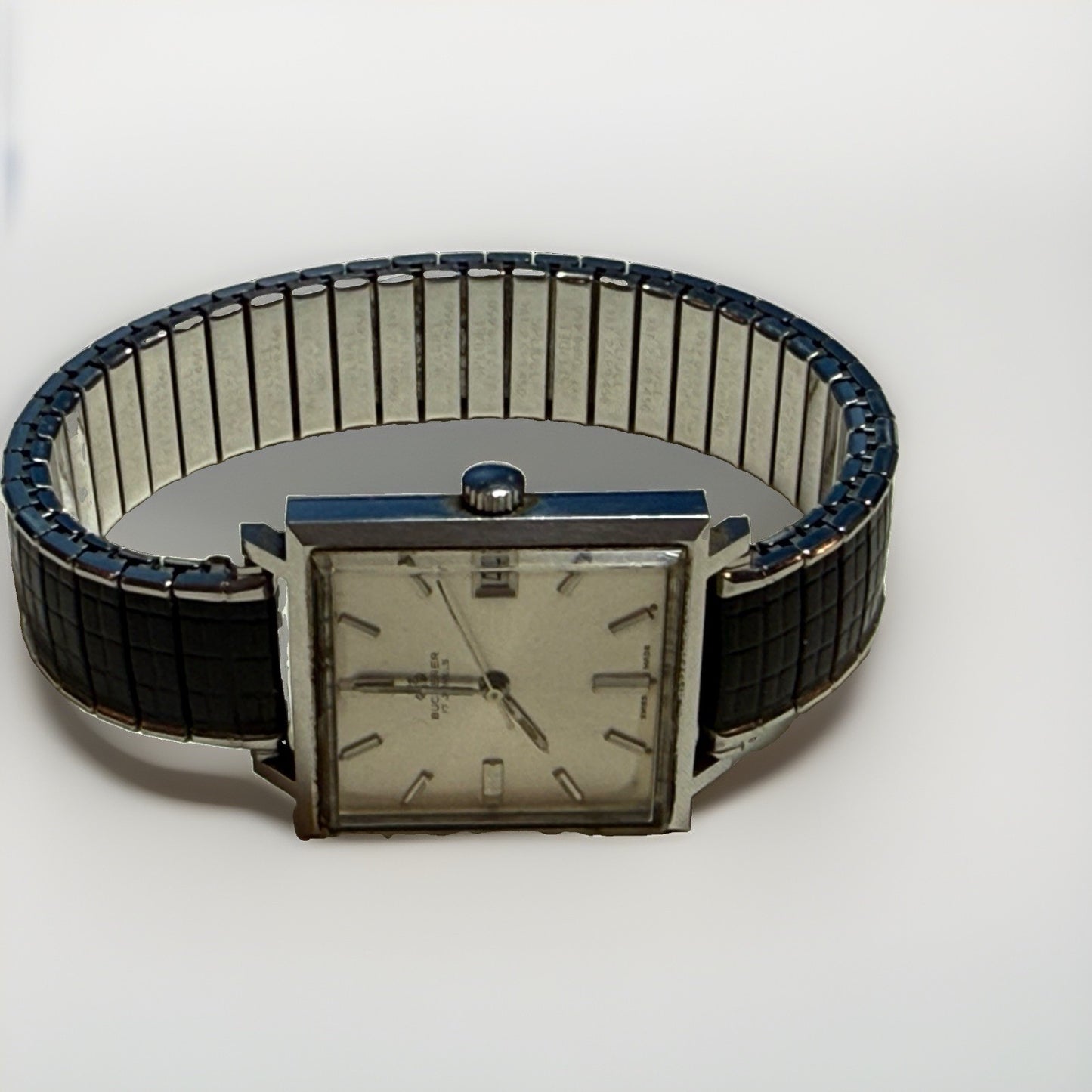 Vintage Bucherer 17 Jewel Square Dress Watch Silver Sunburst Dial Speidel Band