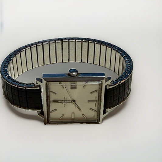 Vintage Bucherer 17 Jewel Square Dress Watch Silver Sunburst Dial Speidel Band