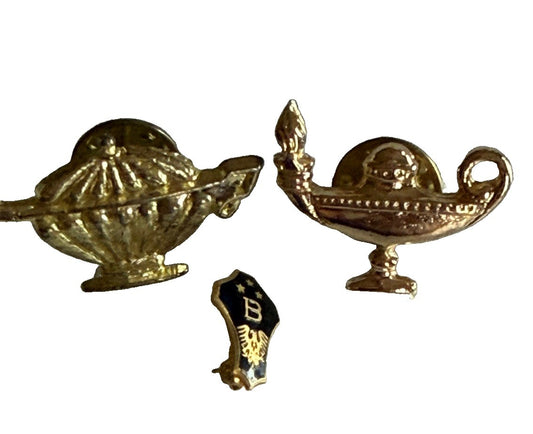 Vintage Gold Tone Lapel Pin Lot 3 Academic Lamp Knowledge Honor Shield B School