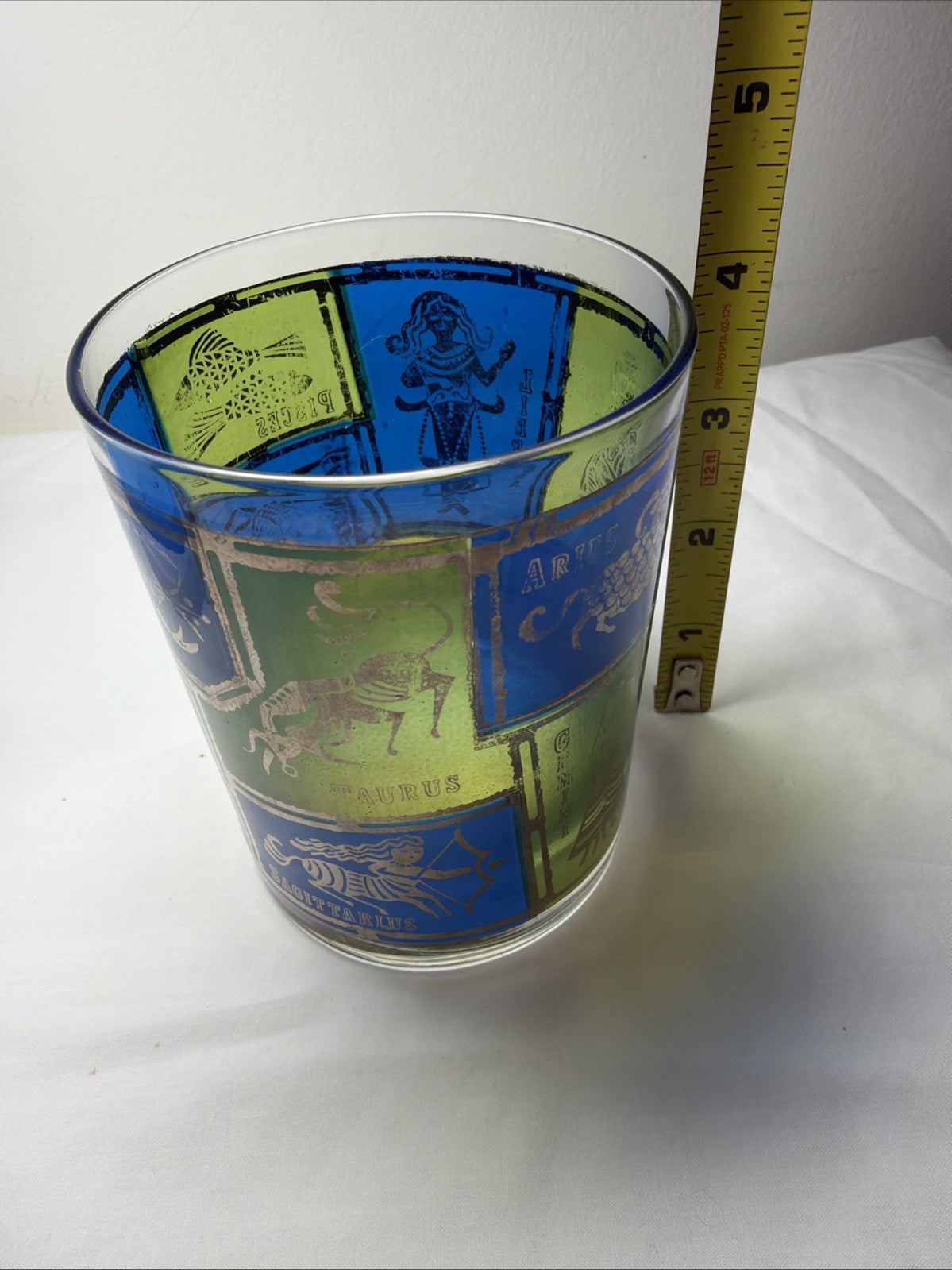 Vintage Mosaic Zodiac Cocktail Highball Glass Blue Gold 4"