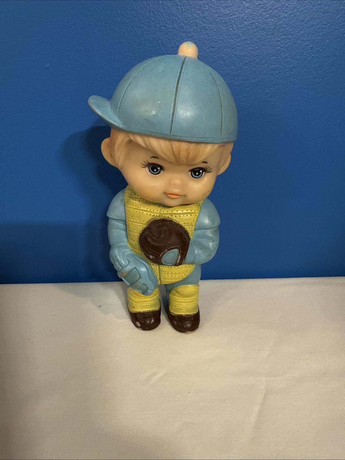 Vintage Iwai Baseball Catcher Boy Squeak Toy 1970s 6.5 Inch Working Japan