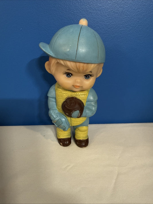 Vintage Iwai Baseball Catcher Boy Squeak Toy 1970s 6.5 Inch Working Japan