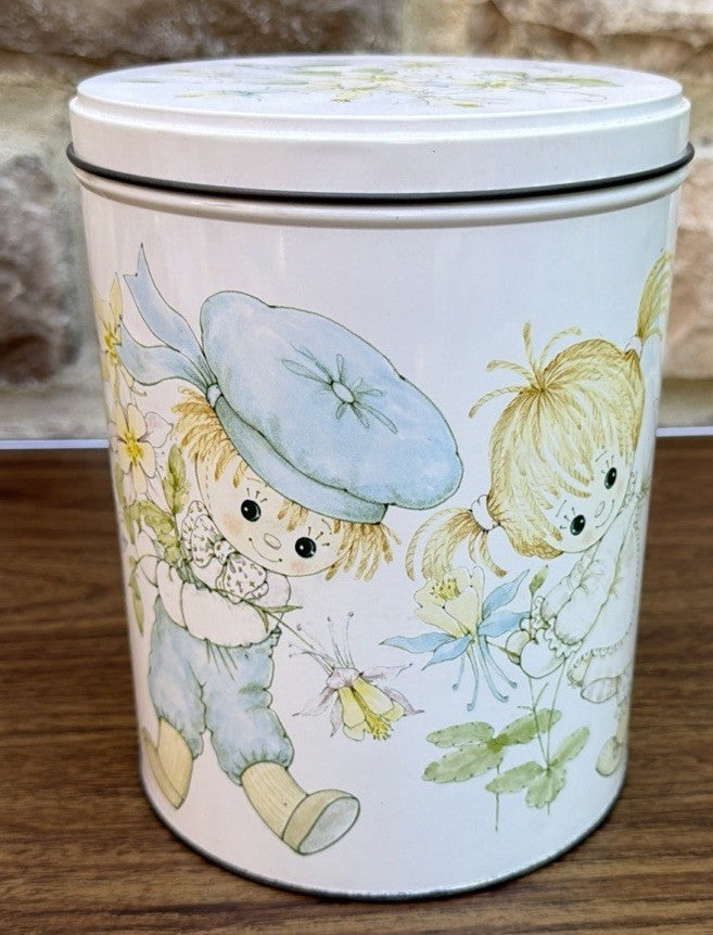 Vintage Hallmark Rag Dolls Tin Canister Cute Boy Girl Flowers Buttons Storage