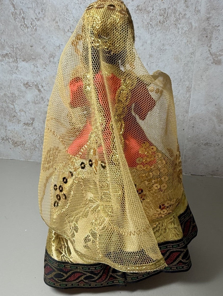 Vintage Handmade Cultural Cloth Dolls Pair Gold Trim Embroidered Folk Art