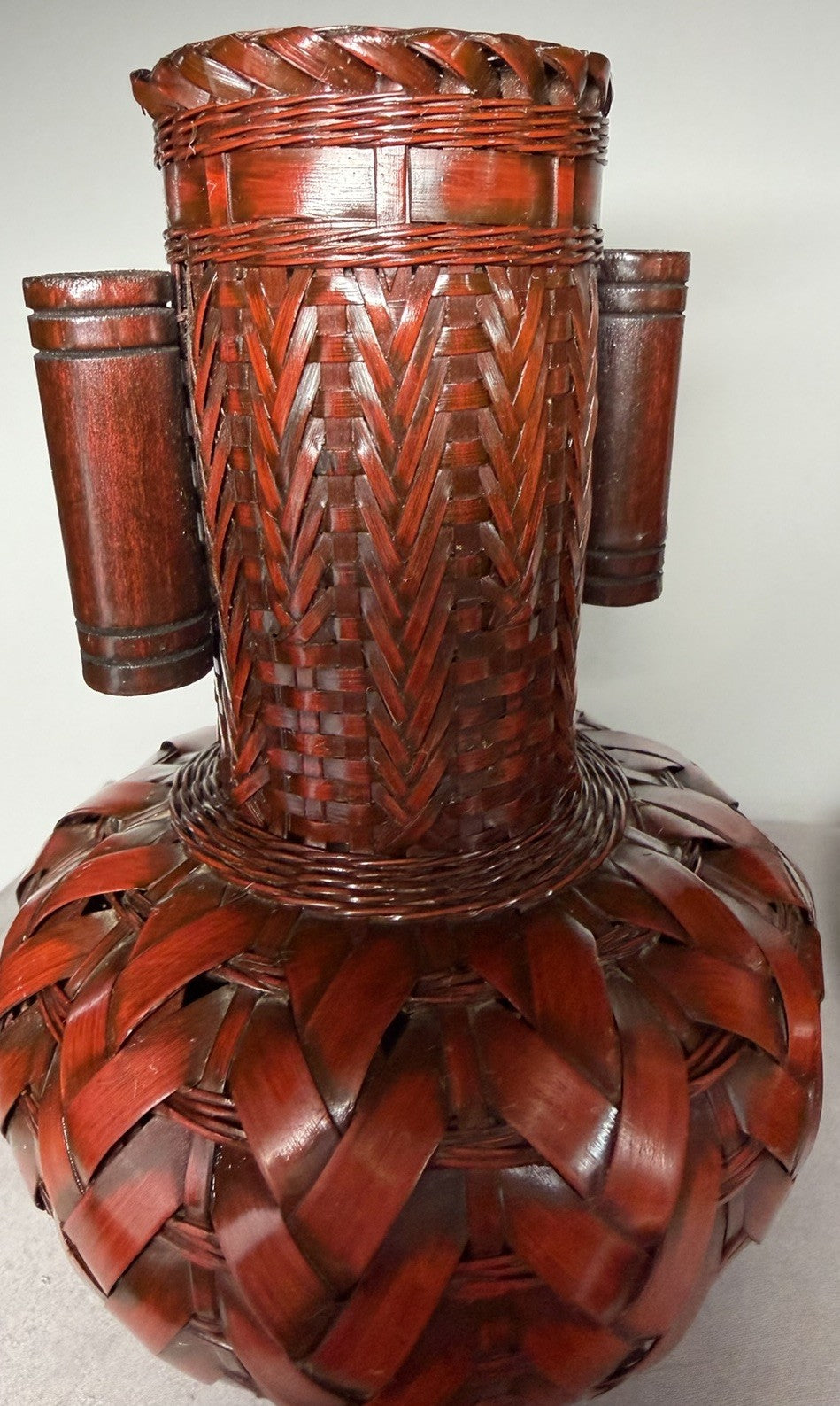 Vintage Japanese Ikebana Vase Bamboo Woven Pair Porcelain Inserts Set of 2