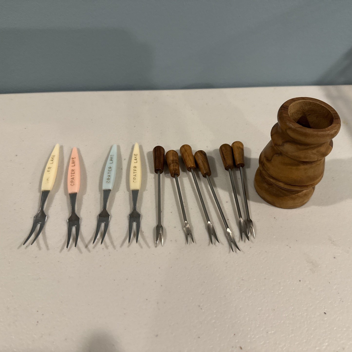 Vintage Wood Cocktail Picks Set Olive Pickle Appetizer Holder Barware