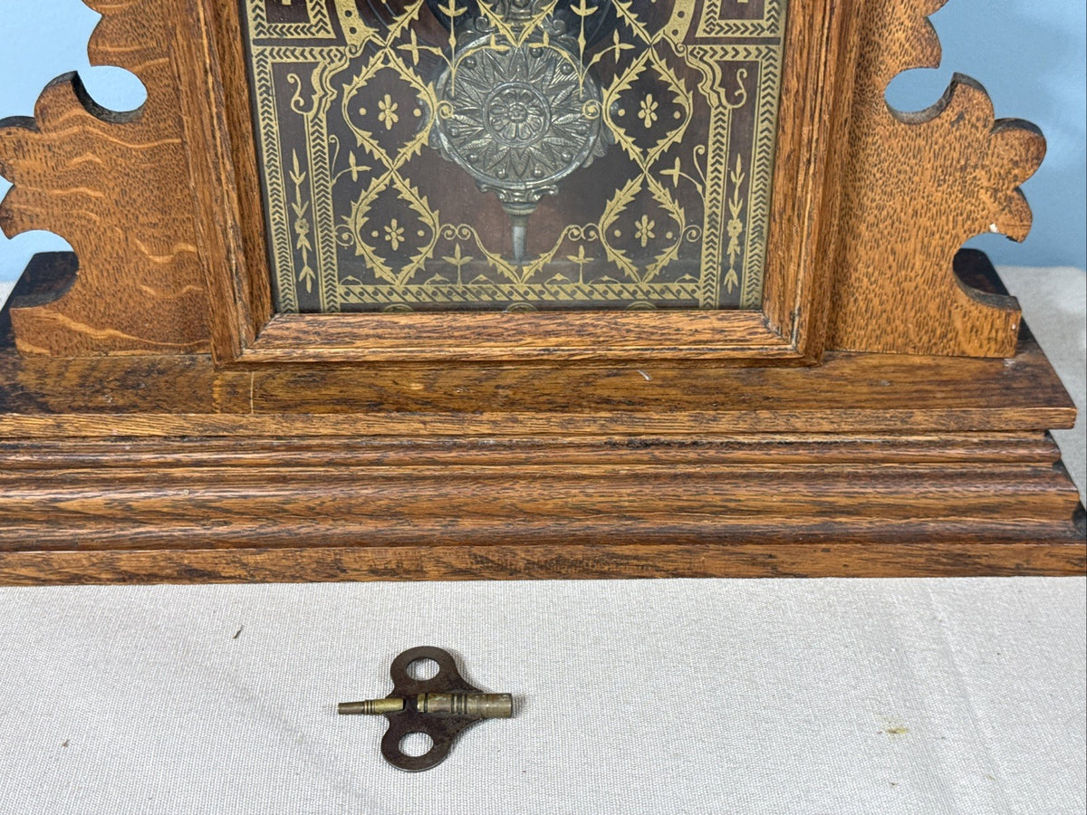 Antique E Ingraham Parlor Kitchen Mantel Clock Gingerbread Wood Case WORKS USA