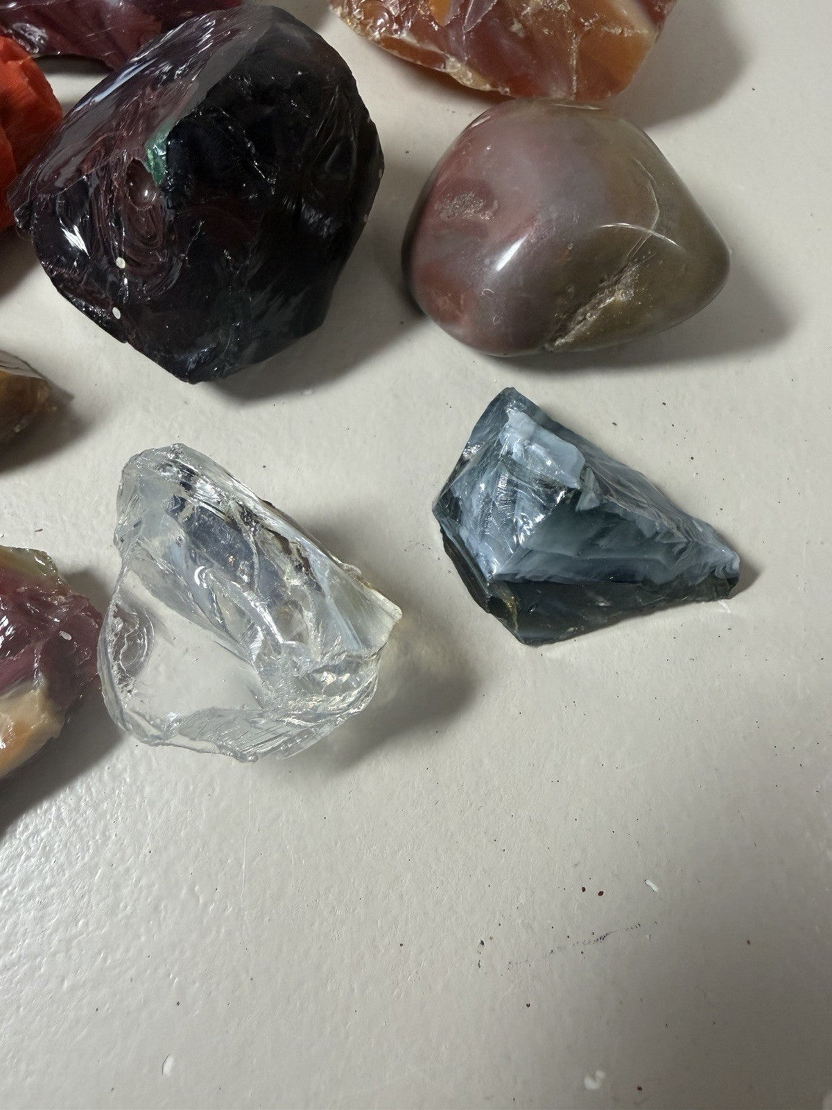 Raw Slag Glass Cullet Chunks Red Amber Yellow Orange Black Stones Lot of 12