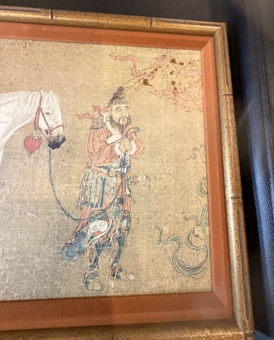 Vintage Chinese Silk Painting Horses Groom Tributary Art Faux Bamboo Frame 42x14