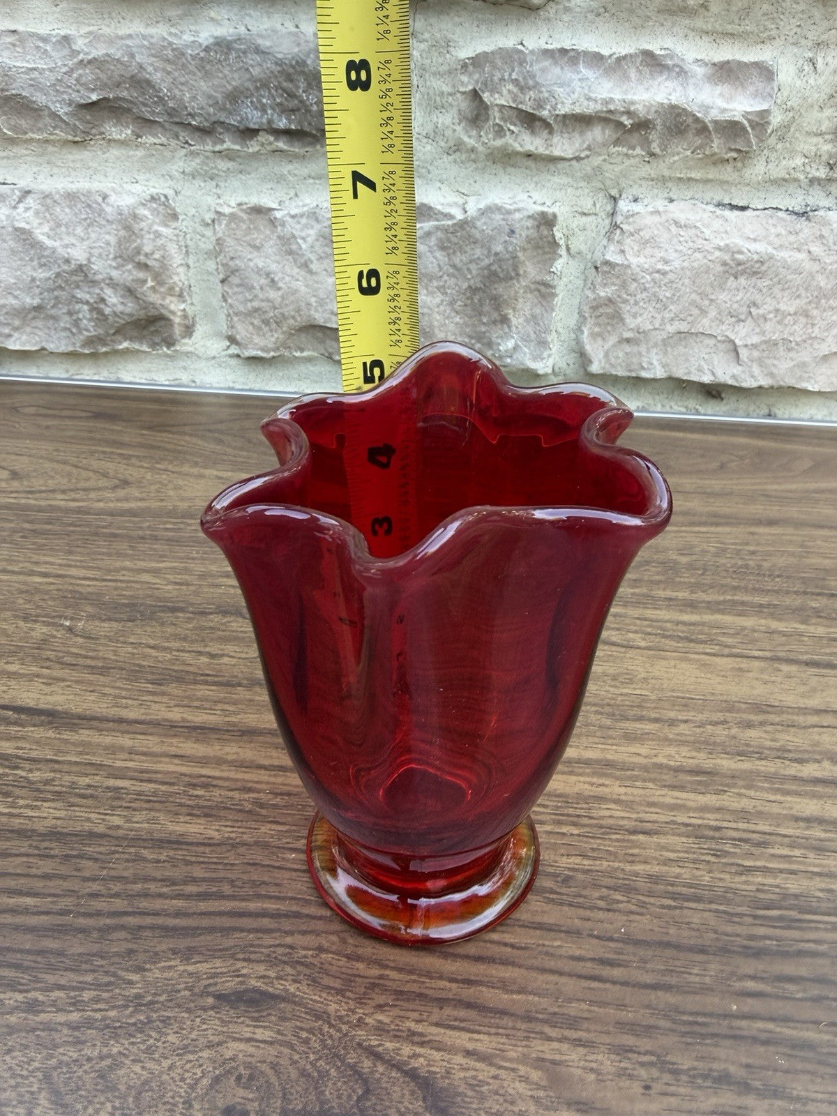 Vintage Ruby Red Hand Blown Glass Vase  Glass Stem Orange Glow Floral Vase