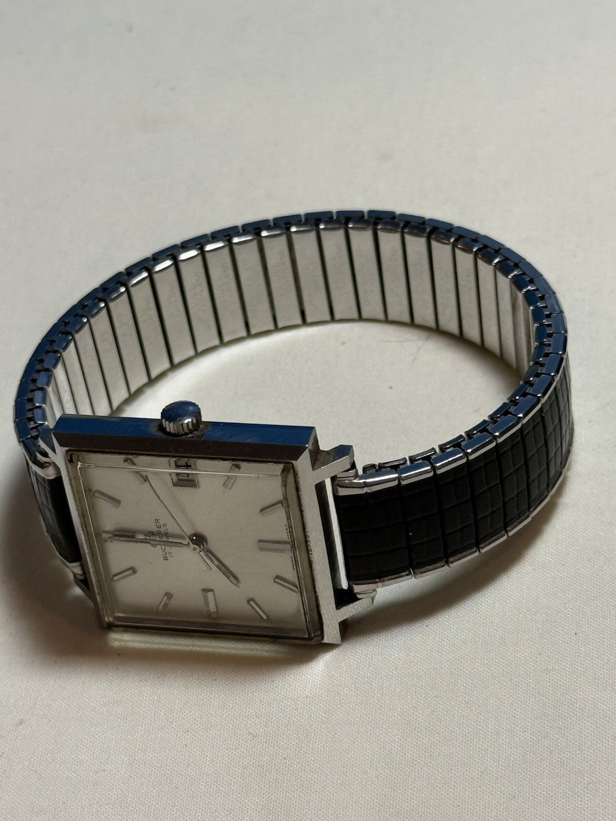 Vintage Bucherer 17 Jewel Square Dress Watch Silver Sunburst Dial Speidel Band