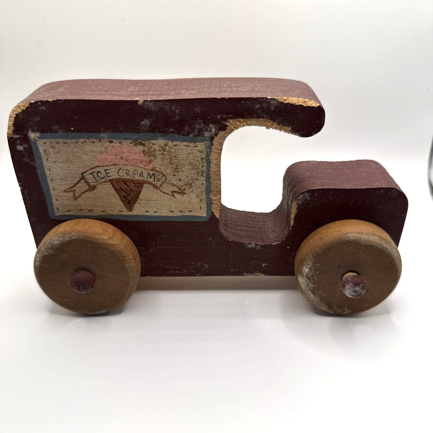 Vintage 1988 Wooden Toy Ice Cream Truck Handcrafted Rolling Wheels 8"