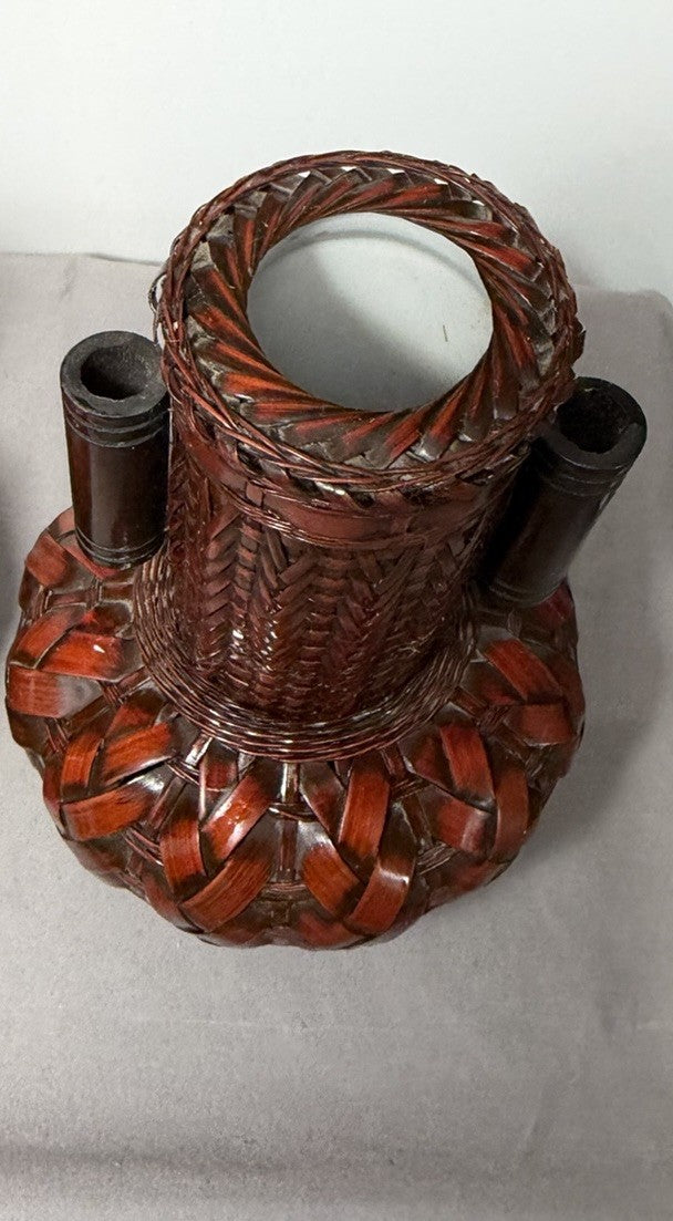 Vintage Japanese Ikebana Vase Bamboo Woven Pair Porcelain Inserts Set of 2