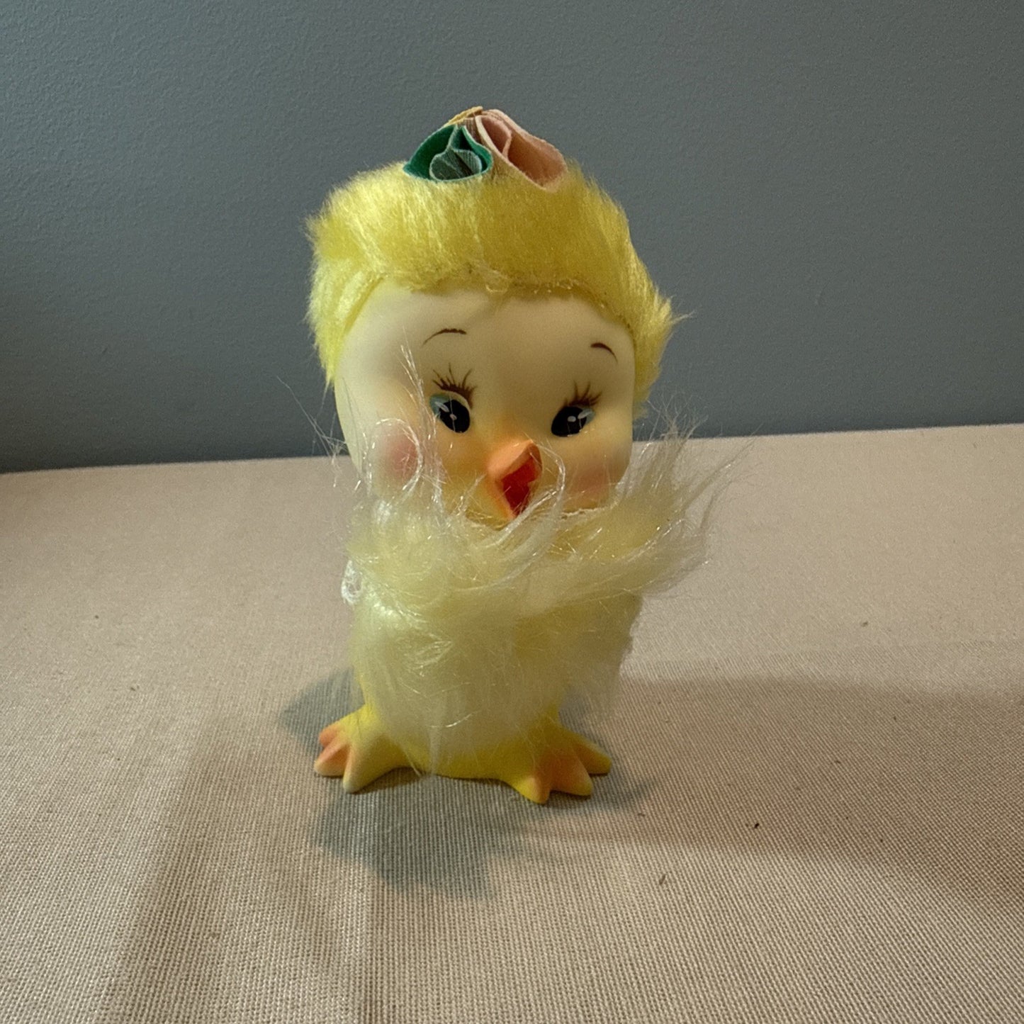 Vintage 1950s Daisy Chick Plush Rubber Face Easter Toy Flower Crown Japan